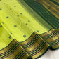 Close-up of lime green silk body with deep green Silk Thread Kamalam and Mayil Butta — Kanjeevaram Varisaipet