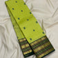 Antique gold zari floral scroll pallu on dark green Varisaipet border — Kanjeevaram lime green saree