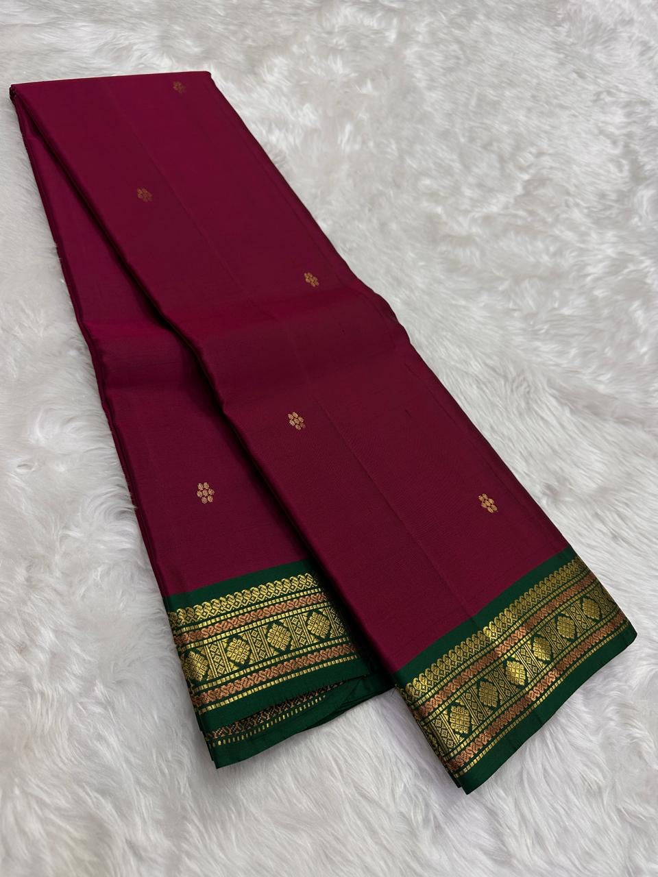 Handwoven pure silk Kanchipuram lightweight saree in deep maroon and teal, Korvai construction with Floral Butta body and Vanasringaram border — Idam Living