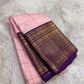 Handwoven Kanjeevaram Zari Kattam saree in self-colour radiant pink with Floral Butta and deep purple heavy gold zari border, full folded view