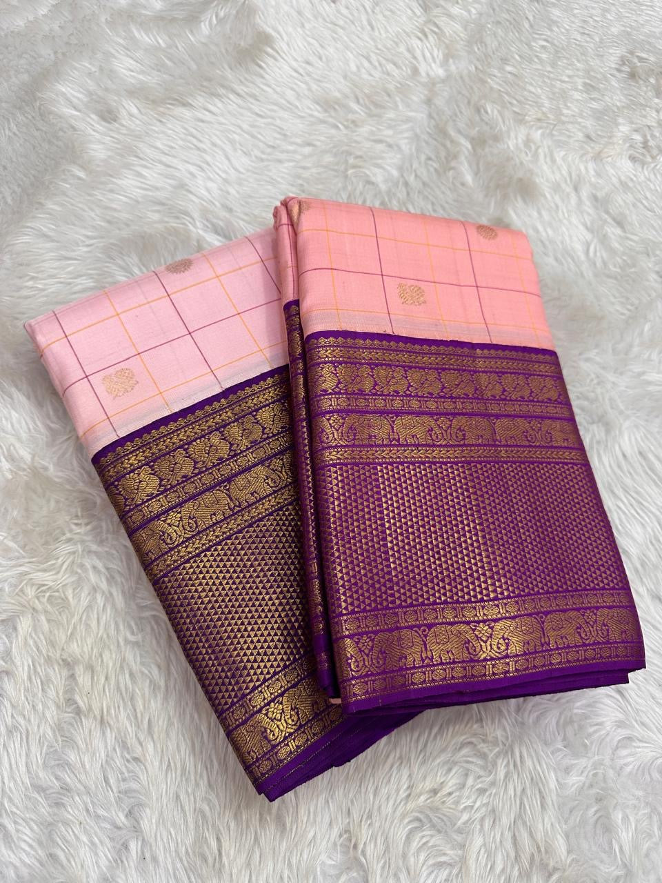 Deep purple multi-band border with elephant and peacock figurals in heavy gold zari — Kanjeevaram Zari Kattam detail