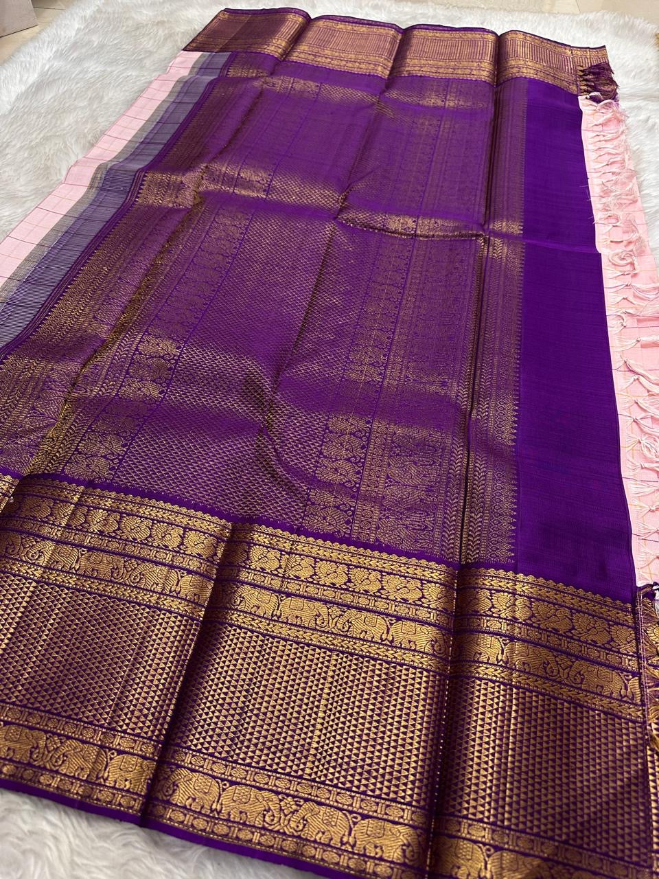 Heavy antique gold zari pallu on deep purple ground — Kanjeevaram Zari Kattam radiant pink saree