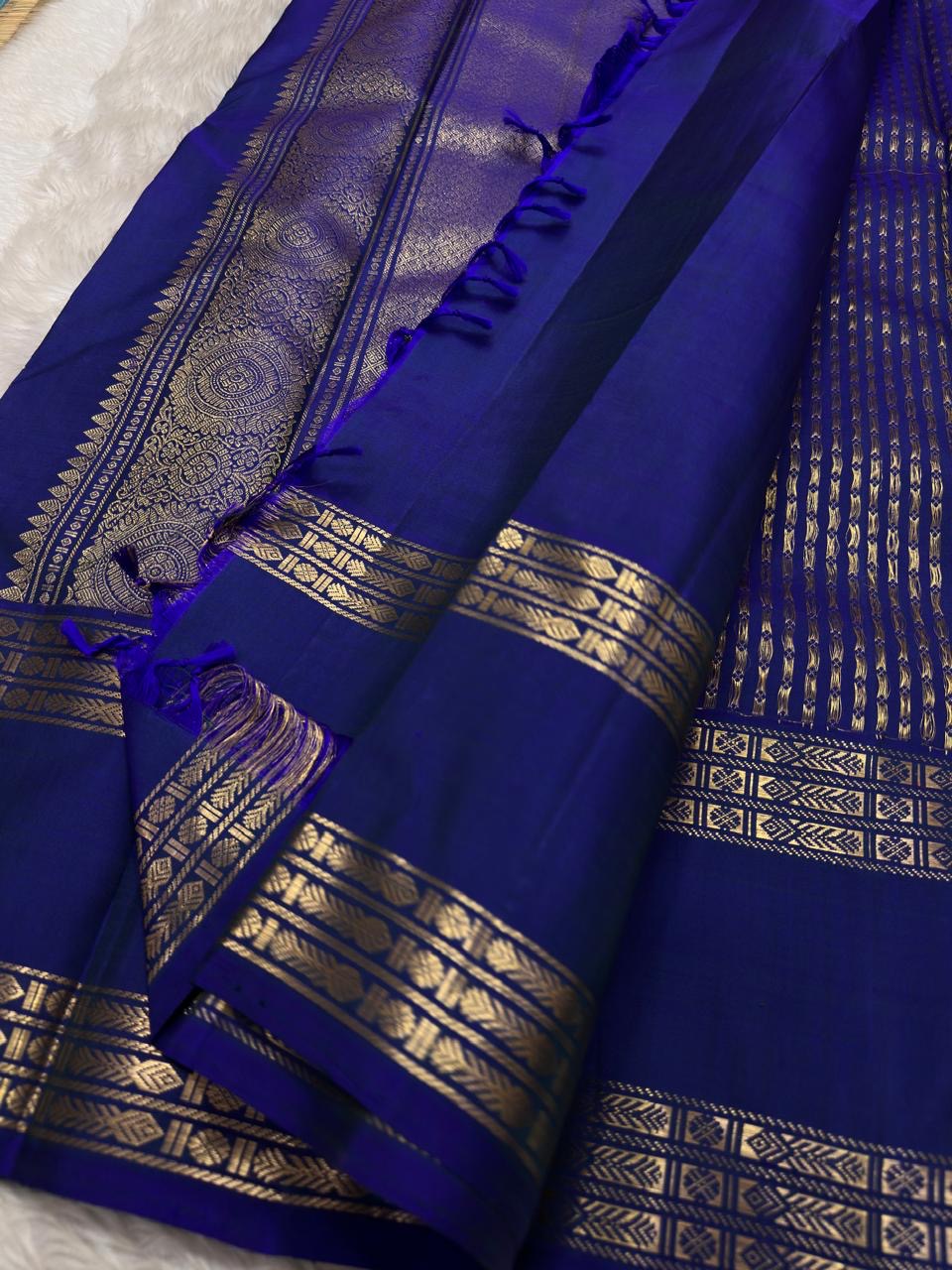 Full folded view of royal blue Kanjeevaram Rettapet saree showing Floral Butta body and self-colour border