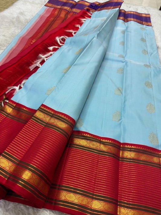 Handwoven pure silk Kanjeevaram saree in sky blue with Maanga Butta body, Korvai construction, and Ganga Jamuna border in violet and red with gold zari — Idam Living