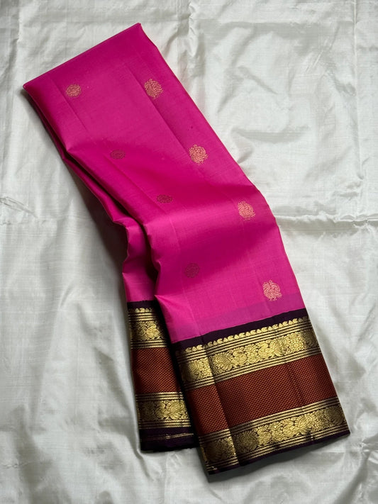 Radiant Pink and Maroon Handwoven Pure Silk Kanchipuram Saree with Ganga Jamuna Border