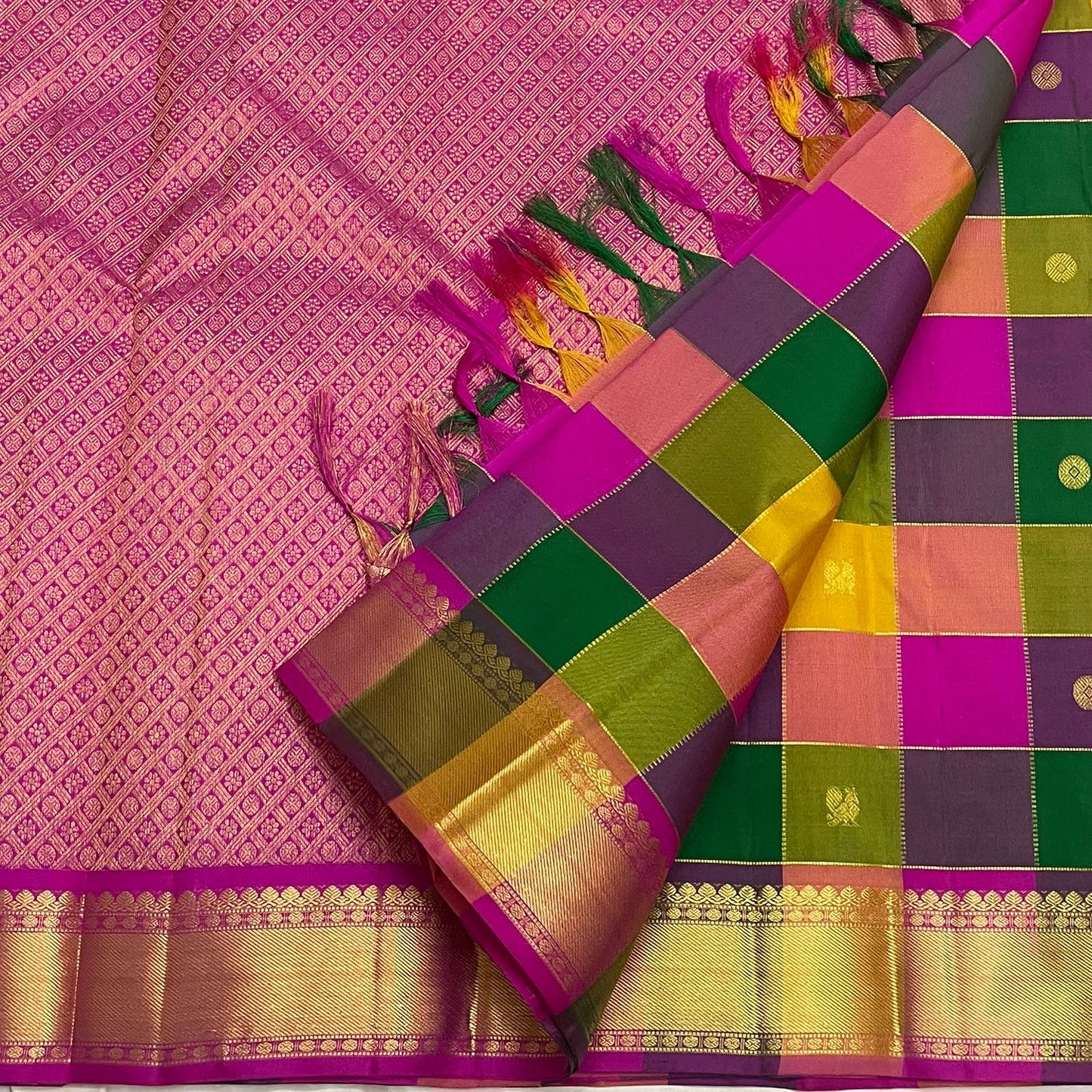 Vibrant multicolour Paalum Pazhamum silk check body on handwoven pure silk KanchiPattu saree — body close-up