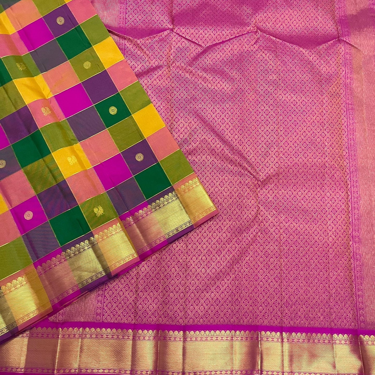 Multicolour Paalum Pazhamum handwoven pure silk KanchiPattu saree with magenta Korvai Kamalam butta border — full folded overview