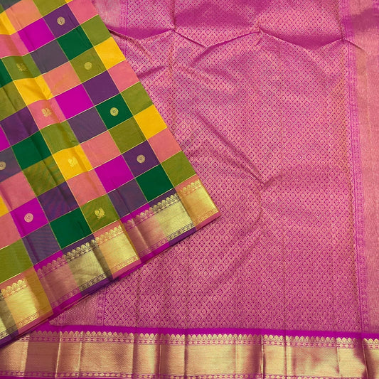 Multicolour Paalum Pazhamum handwoven pure silk KanchiPattu saree with magenta Korvai Kamalam butta border — full folded overview