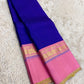 Royal blue and radiant pink handwoven pure silk Kanjeevaram saree with Korvai Kaal Irangiya geometric border — full folded overview