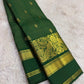 Close-up of forest green silk body with fine gold Zari Kattam grid and scattered Floral Butta — Kanjivaram saree
