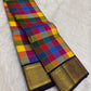 Handwoven Kanjivaram Paalum Pazhamum saree in multicolour silk checks with deep navy Rettapet gold zari border, full folded view