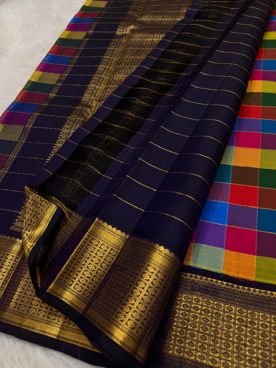 Gold zari pallu with peacock figural motifs on deep navy ground — Kanjivaram Paalum Pazhamum saree
