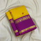 Canary yellow and violet handwoven pure silk Kancheepuram Rettapet saree with silk thread buttas — full folded overview