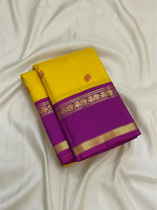 Canary yellow and violet handwoven pure silk Kancheepuram Rettapet saree with silk thread buttas — full folded overview