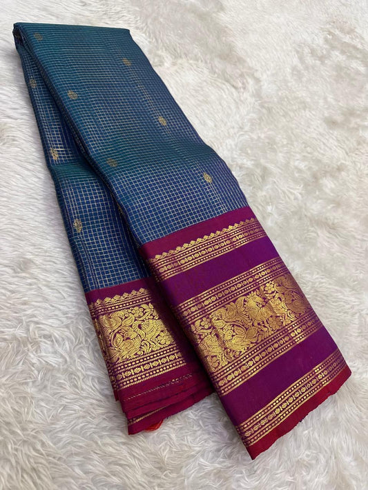 Teal and arakku red handwoven pure silk Kanjivaram saree with Zari Kattam body and Rettapet elephant border — full folded overview