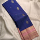 Royal blue handwoven Pure Silk Kanjipuram Varisaipet saree with blush pink border