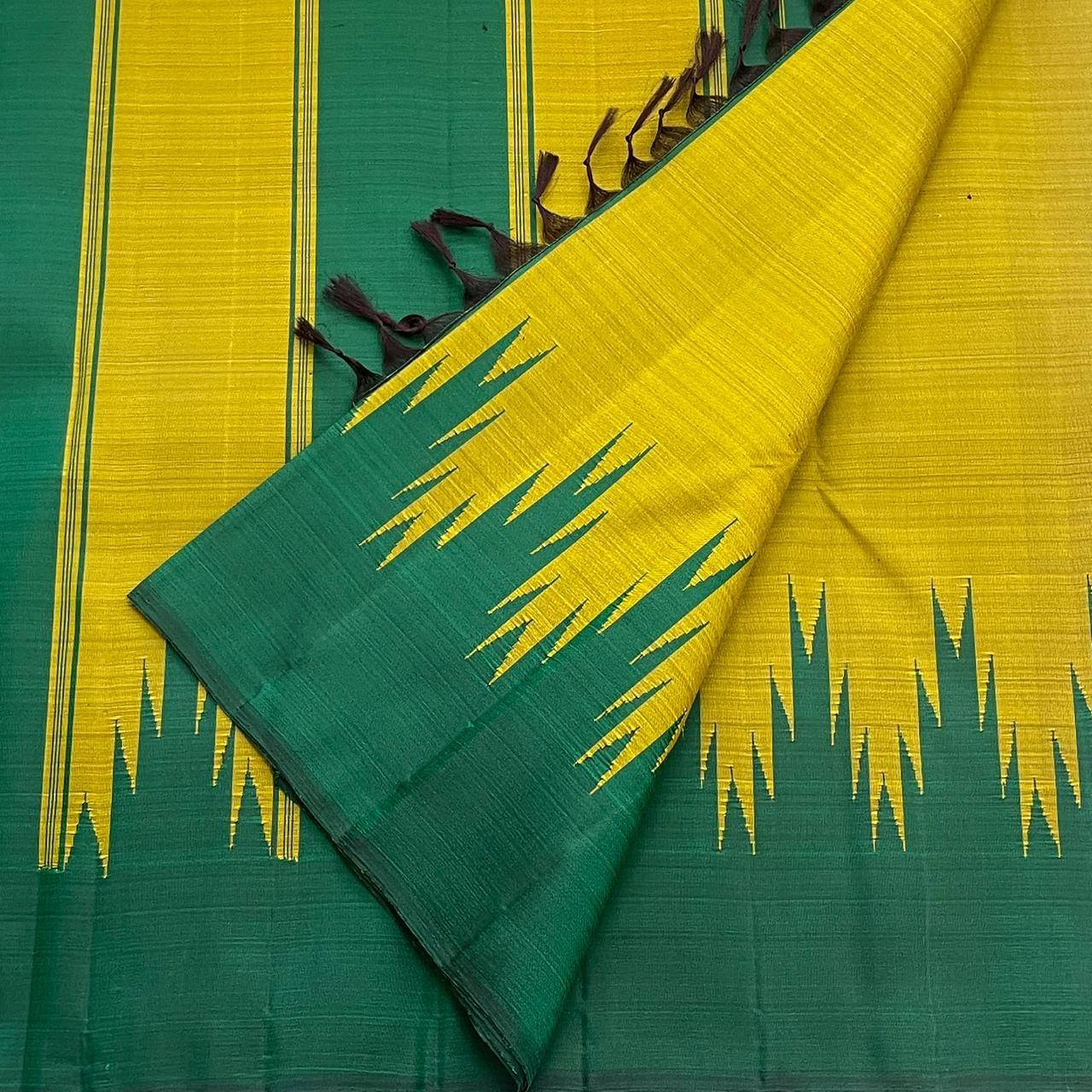 Golden mustard and emerald green Pattupet Kanchipuram saree folded flat view