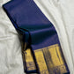 Navy blue handwoven pure silk Kanchipuram Zari Kattam saree with Kodi border — full overview