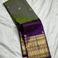 Deep purple Kanchipuram pallu with wide dense gold zari temple motifs — full spread