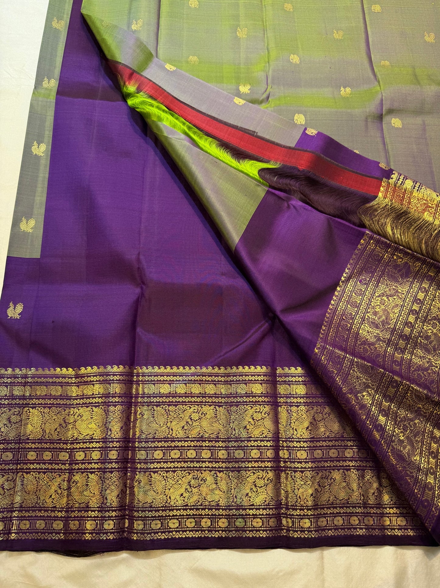 Olive green and purple handwoven pure silk Kanchipuram Korvai saree — full overview