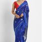 Royal Blue Pattu Silk Chanderi saree pallu showing the fine silver-toned striped weaving