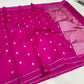 Close view of raspberry pink handloom Chanderi silk with delicate metallic lotus buttas