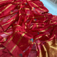 Full Raspberry Red Pattu Silk Chanderi saree with turquoise floral buttas and gold zari stripes