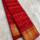 Red handwoven pure silk Zari Kattam Kanchipuram saree with gold zari grid overview