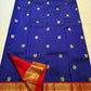 Wide red Varisaipet border with multiple gold zari bands and Kamalam Kili butta motifs on royal blue Kanchipuram silk