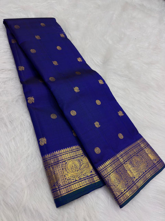 Royal Blue Handwoven Pure Silk Kanjivaram Saree with Mayil Chakram Butta