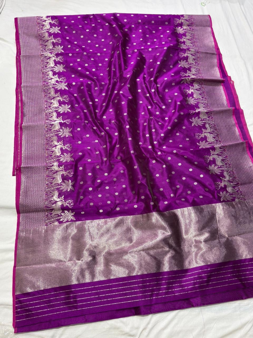 Full view of the Royal Purple handloom Pattu Silk Chanderi saree with silver deer forest border