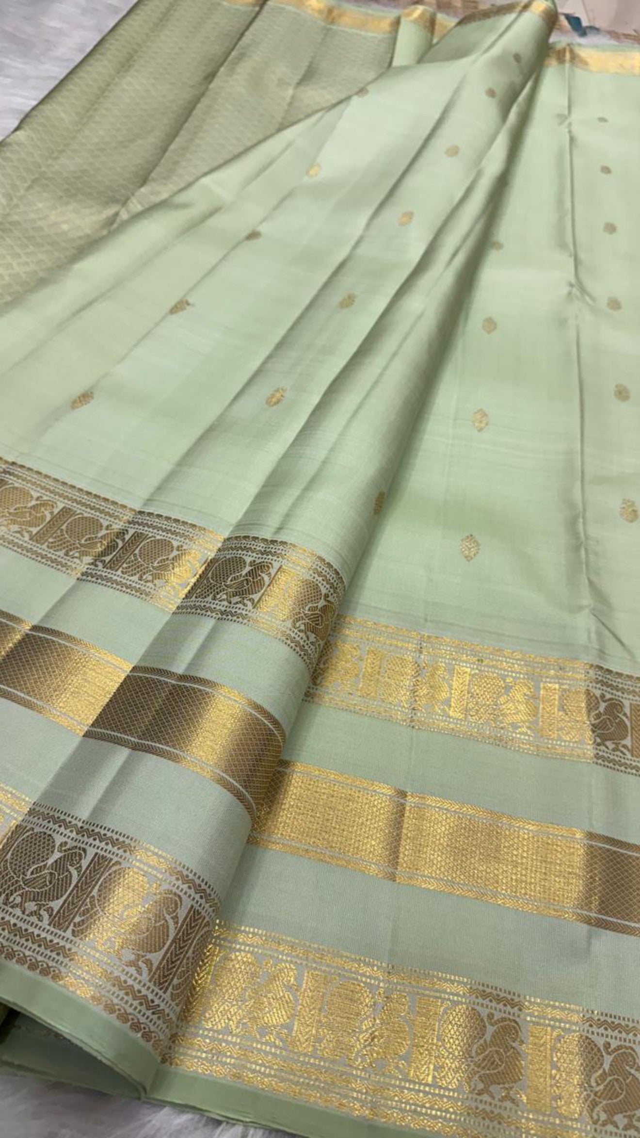 Pale Pistachio-Mint Handwoven Pure Silk Kanchipuram Saree with Gold Zari Buttas and Varisaipet Border