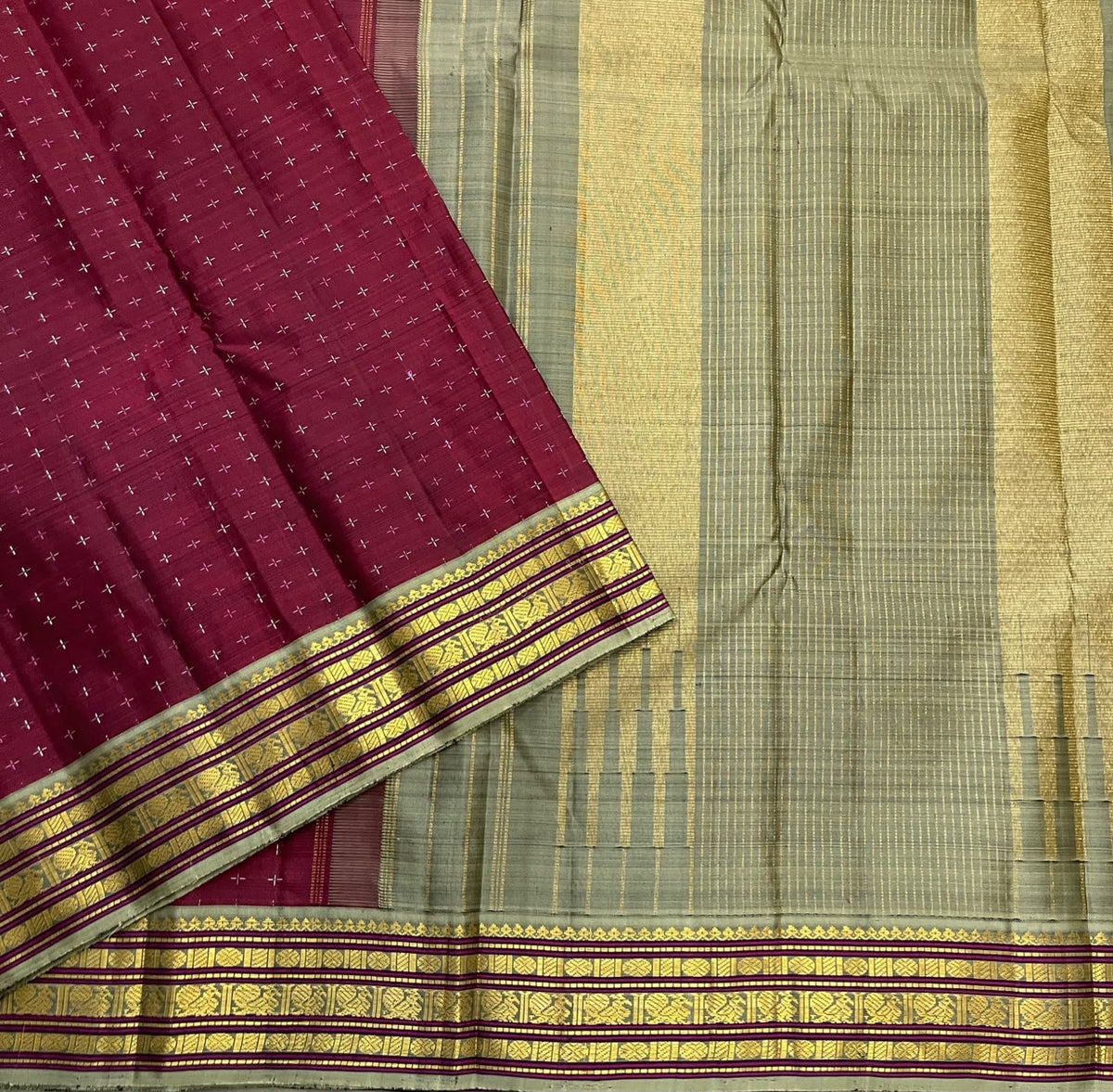 Pure silk Kanjipuram Varisaipet saree in Arakku and sage grey, Silk Mark certified