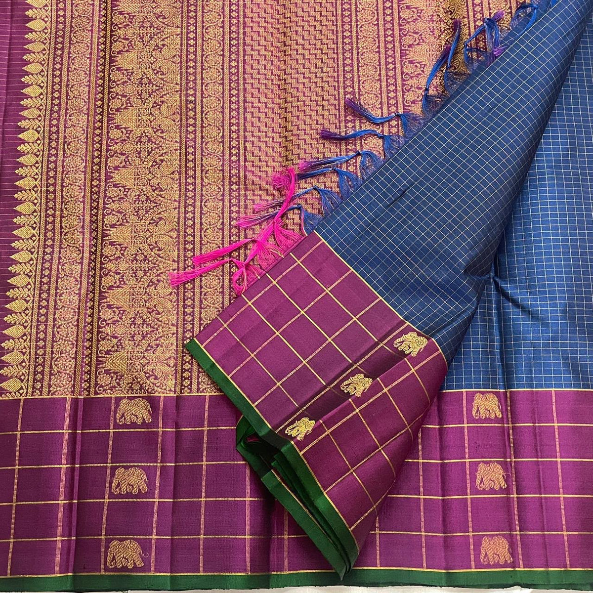 Slate blue Kanjeevaram pure silk saree with grand twin peacock zari pallu