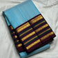 Sky blue pure silk Kanchipuram saree body with fine continuous zari lines — close-up