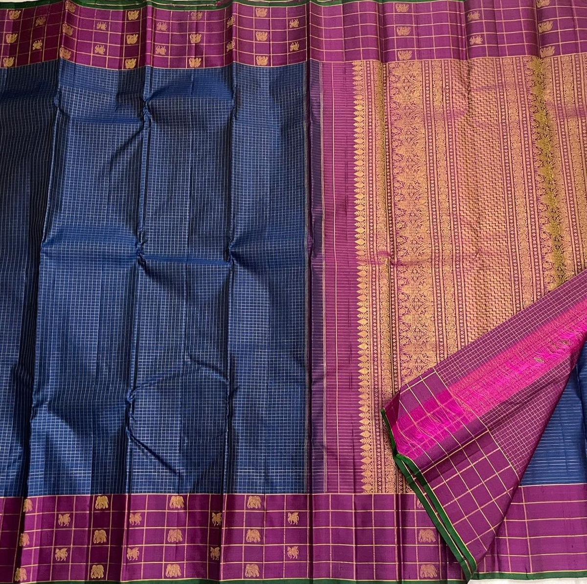 Handwoven Kanjipuram Zari Kattam saree in slate blue and purple