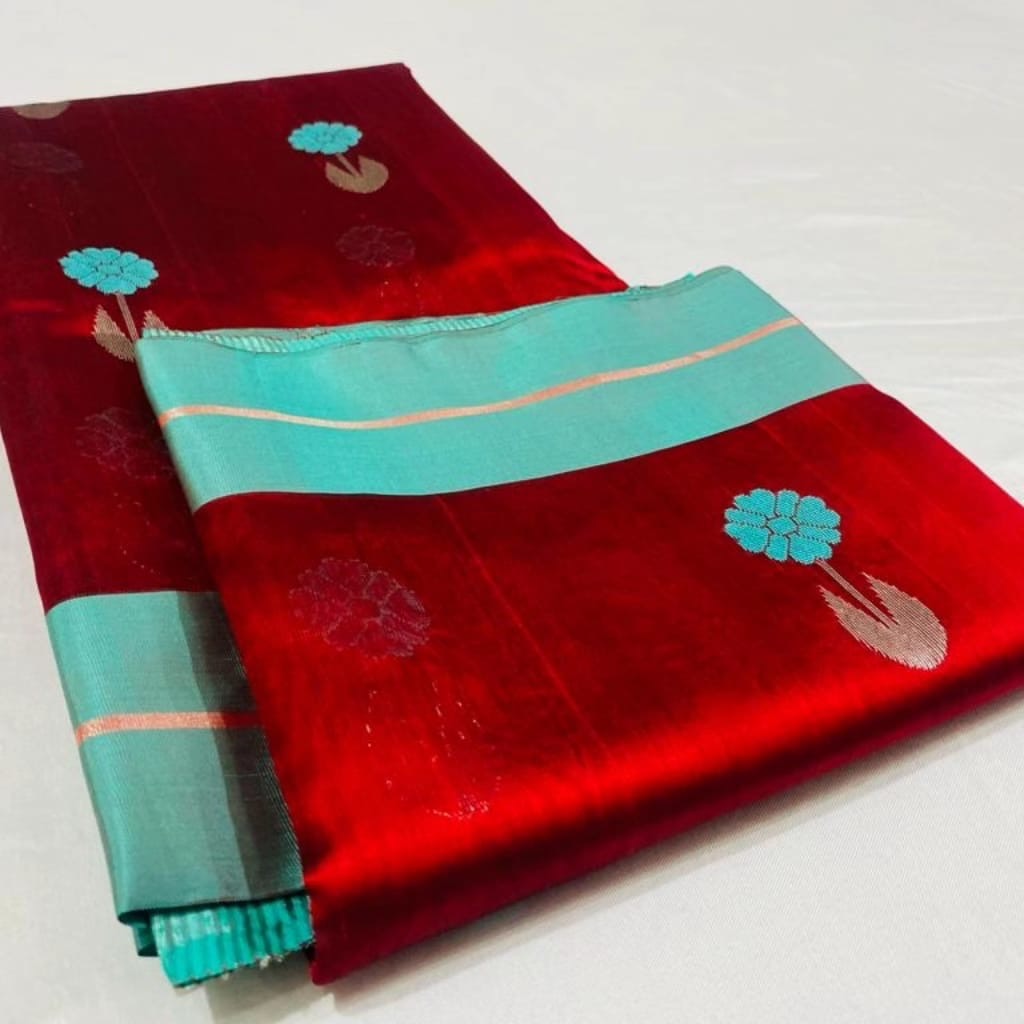 Full view of the Vermilion Red handloom Pattu Silk Chanderi saree with Aqua Blue contrast border