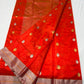Vermilion Red Handloom Pattu Silk Chanderi Saree with dual-tone gold and silver leaf buttas and silver pallu
