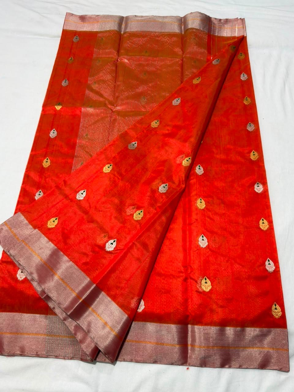 Vermilion Red Handloom Pattu Silk Chanderi Saree with dual-tone gold and silver leaf buttas and silver pallu