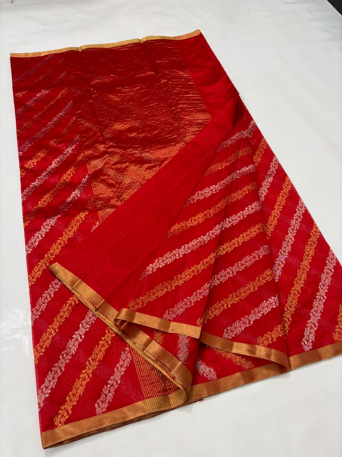 Full Vermilion Red Pattu Silk Chanderi saree with wavy woven stripes and metallic pallu