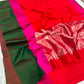 Full length view of Vermilion Red Pattu Silk Chanderi saree with Rani Pink and Emerald Green Mashru border
