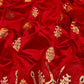 Draped Vermillion Red Pattu Silk Chanderi saree showing gold woven motifs and luminous pallu