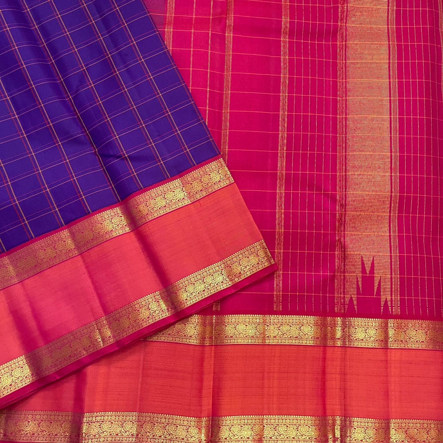 Luminous gold zari Kanchi Kattam check grid detail on deep violet body of Kanjivaram saree
