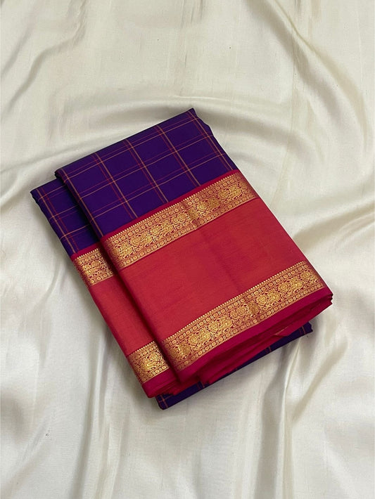 Violet and coral red handwoven pure silk Rettapet Kanchi Kattam Kanjivaram saree overview