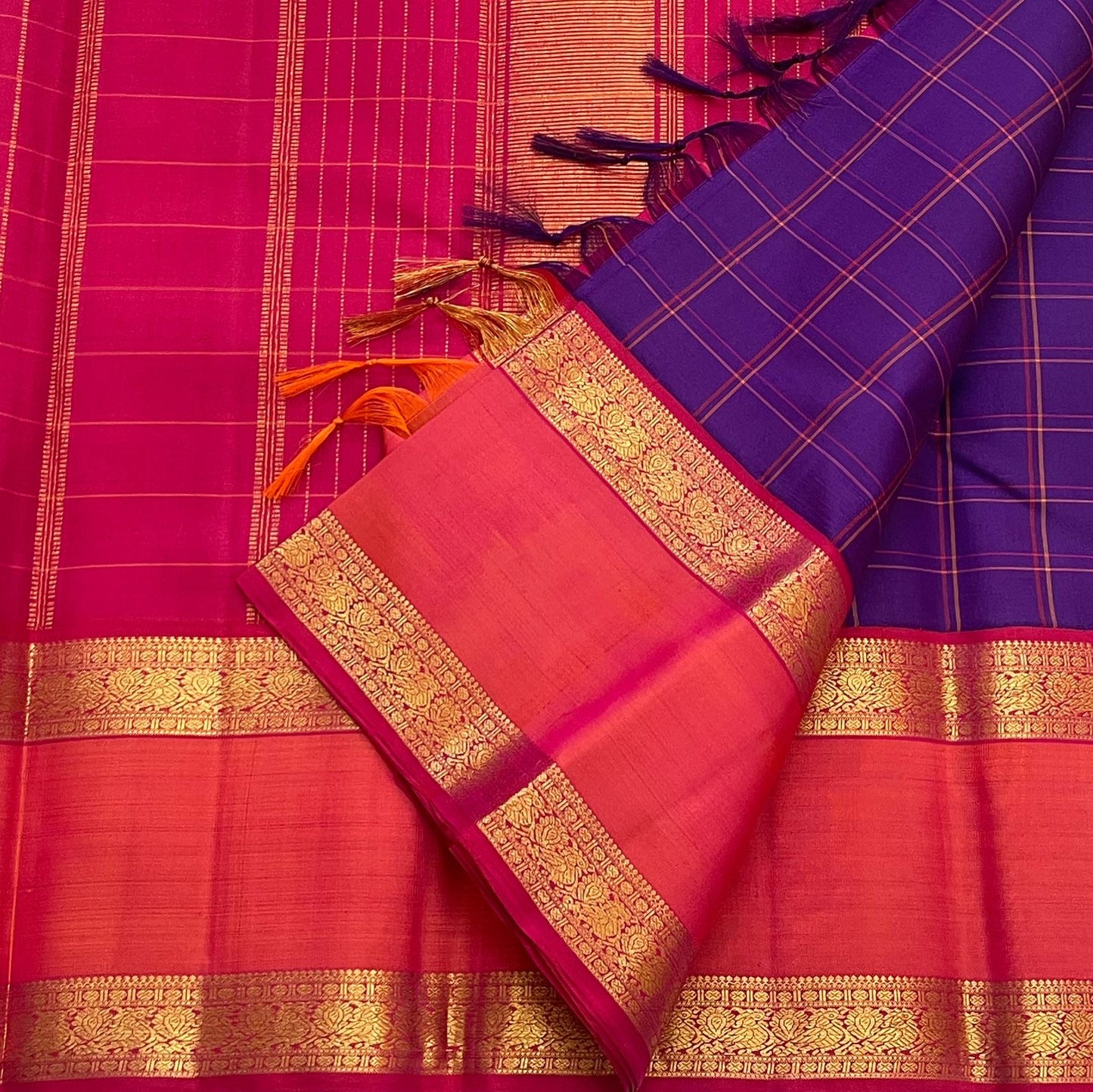 Violet and coral red Rettapet Kanchi Kattam Kancheepuram saree folded flat view