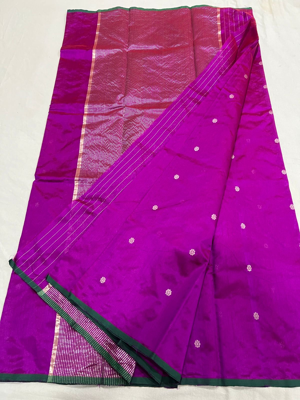 Full vivid magenta Chanderi silk saree with spaced woven buttas, green border and fine striped pallu