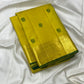 Yellow pallu with green Kili butta silk thread motifs on Kanjivaram saree