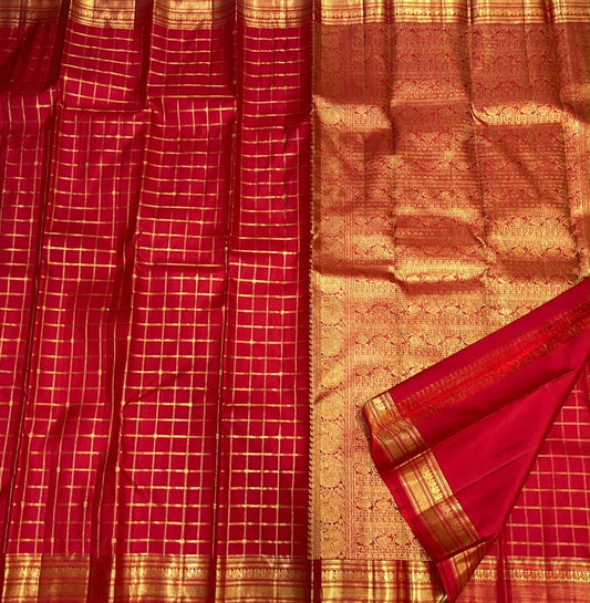 Vermilion red Kanjeevaram Zari Kattam saree with double Muthu Seer