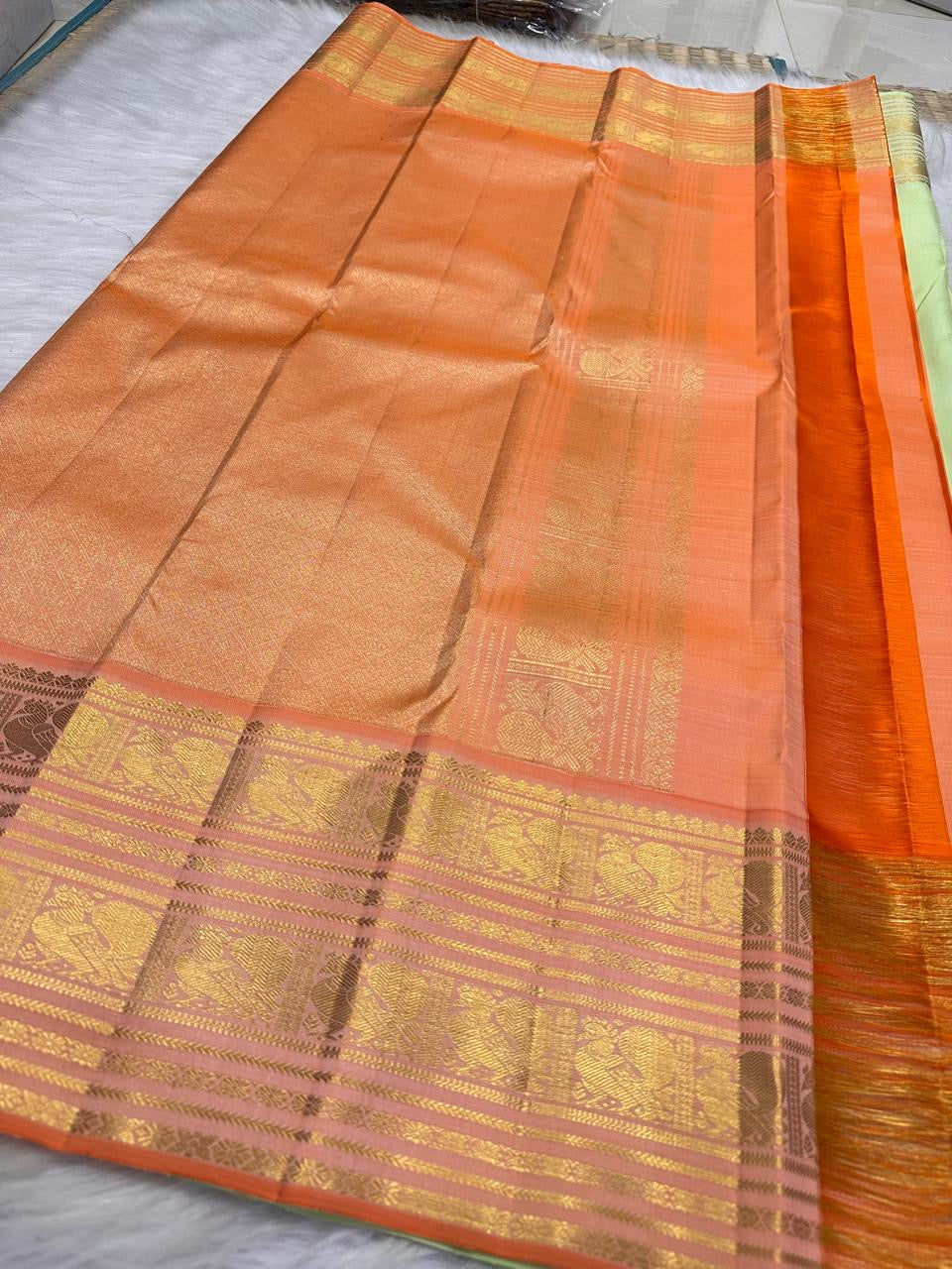 Pastel Pistachio Green Pure Silk Kancheepuram Rettapet Saree - styled detail view