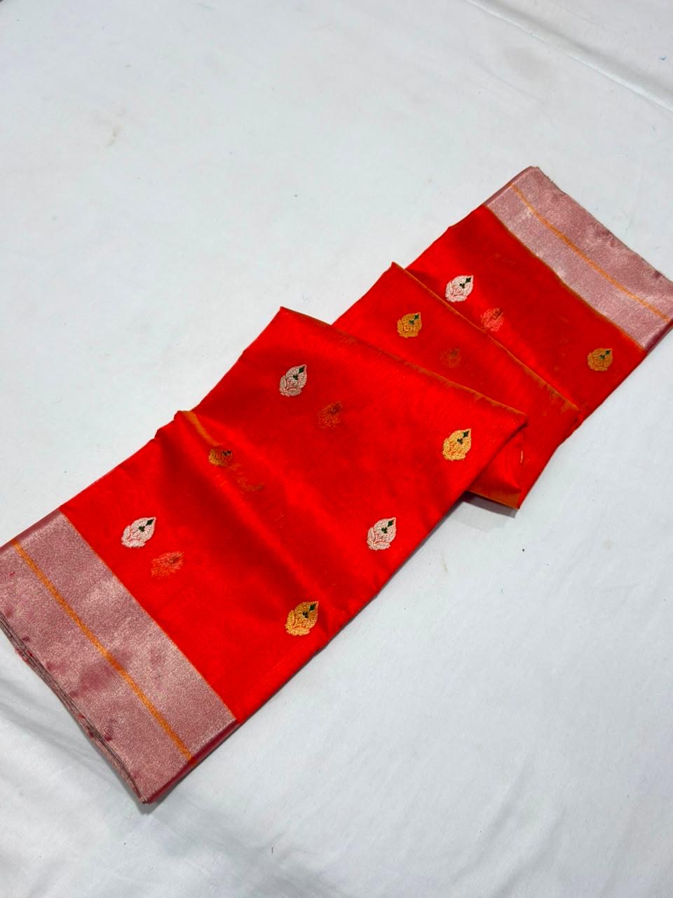 Vermilion Red handloom Pattu Silk Chanderi saree with silver metallic border and broad striped silver pallu